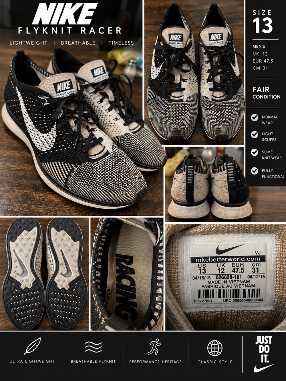 Nike Flyknit Racer Women's Black and Cream Athletic Sneakers